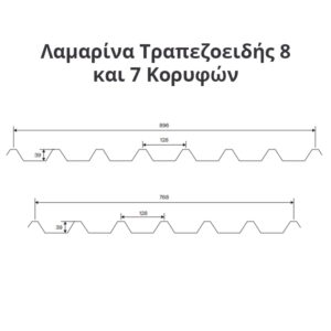Τεχνικό σχέδιο διατομής για Λαμαρίνα Τραπεζοειδής 7 ή 8 Κορυφών με διαστάσεις ύψους 39mm και βήματος 128mm.